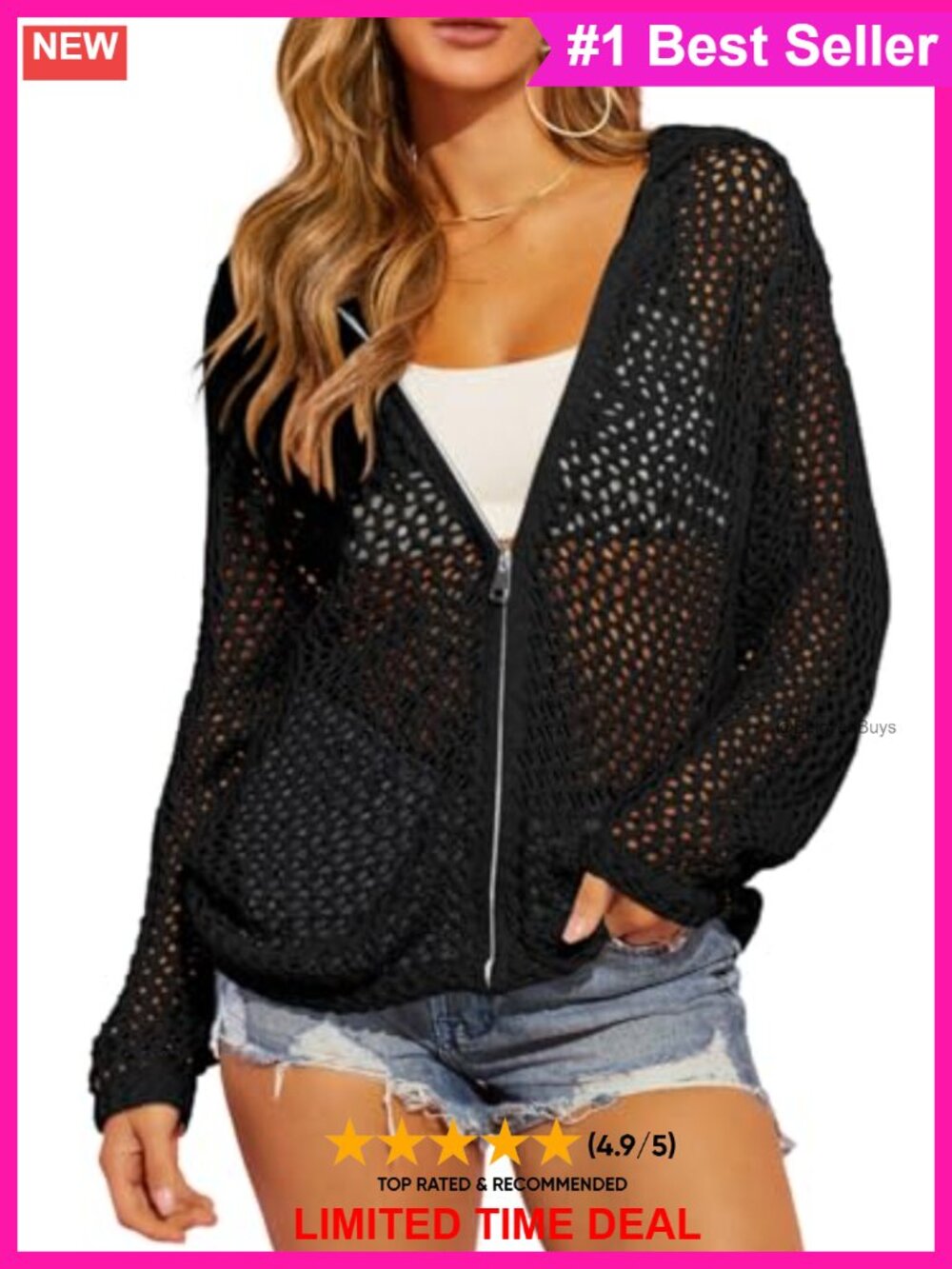 Crochet Zip Up Hooded Cardigan Lightweight Sweater Coverup